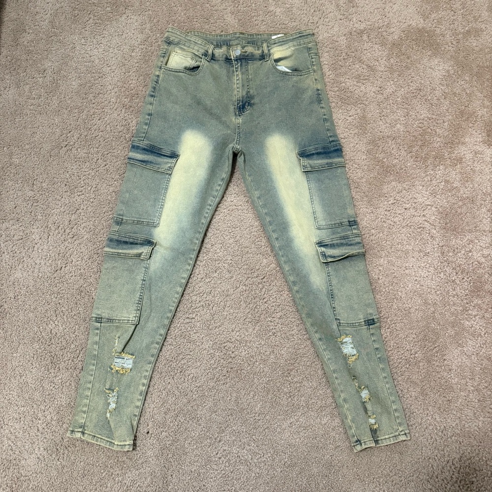 SHEIN Men's Slim Jeans - Distressed Blue and Beige